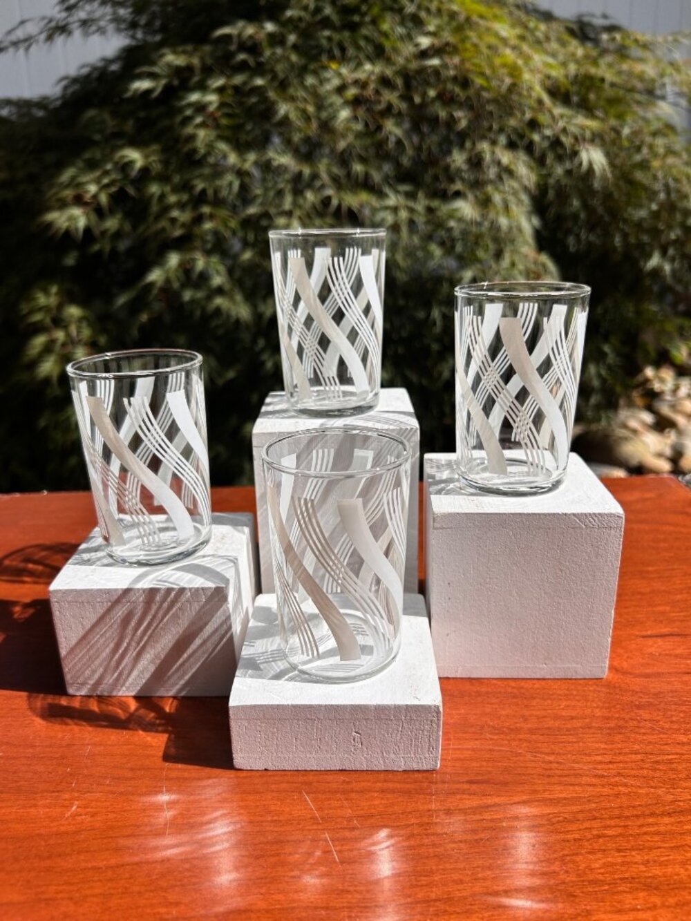 Vintage Mid Century White Swirl Swanky Swig Juice Glasses.